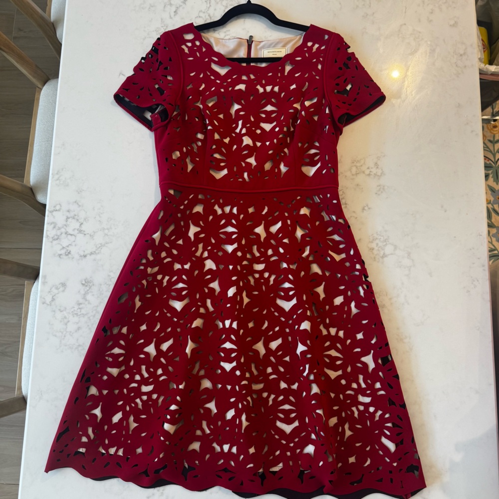 Moulinette Soeurs Red Laser-Cut A-Line Mini Dress - Picture 3 of 7